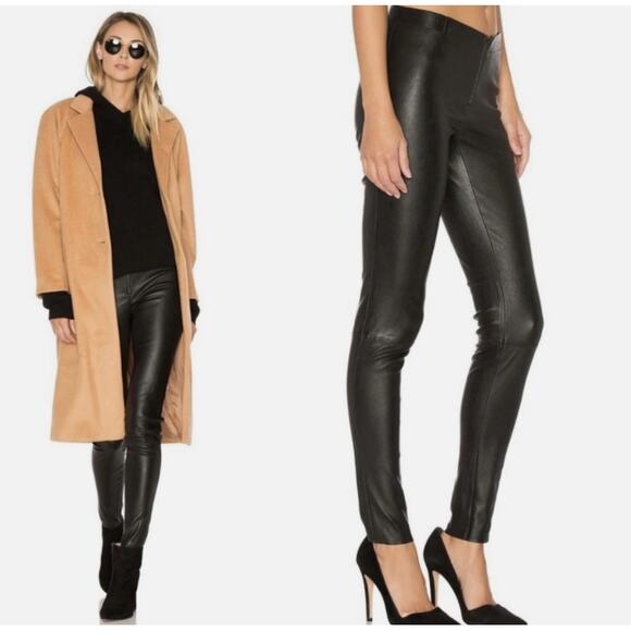 Alice & Olivia 100% Leather Zip Front Black Stretch Skinny Pants Leggings US 2 - Picture 1 of 13